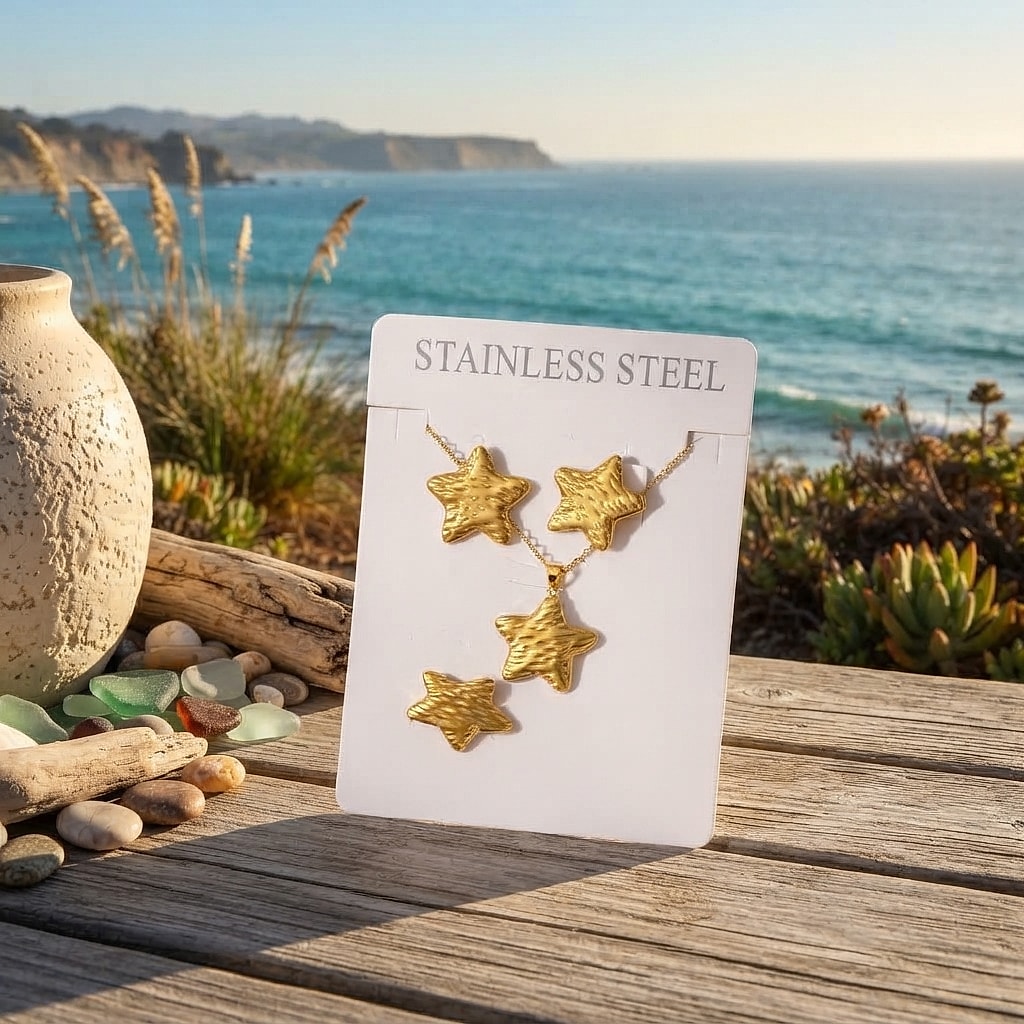 Hammered gold star earrings, necklace and ring set on a card by the sea