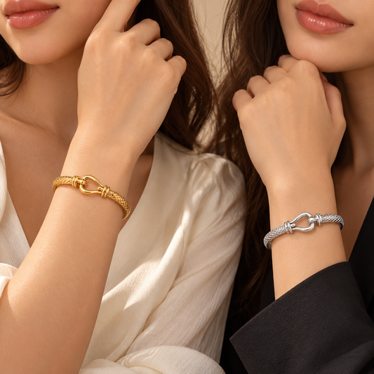 Elegant Horseshoe Buckle Bangle – Gold & Silver