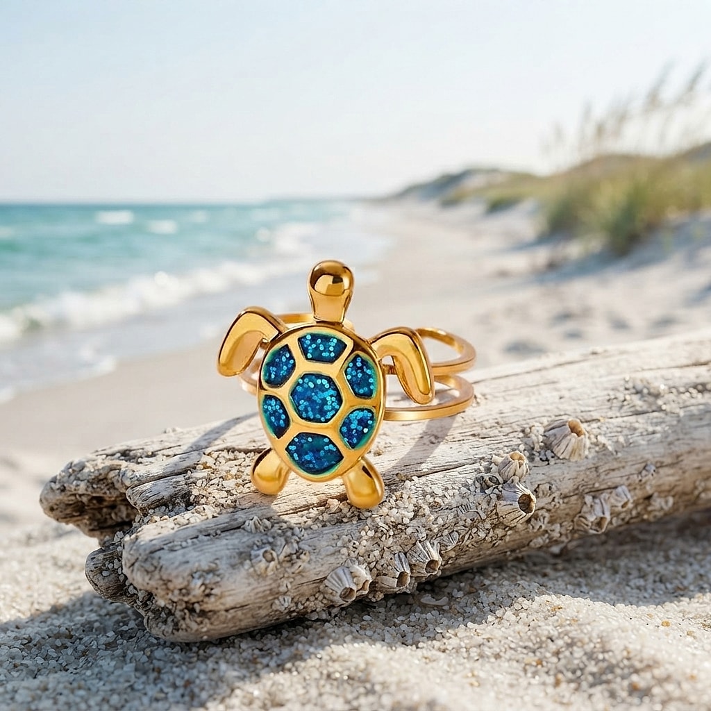 Gold turtle ring with blue zirconia shell on driftwood