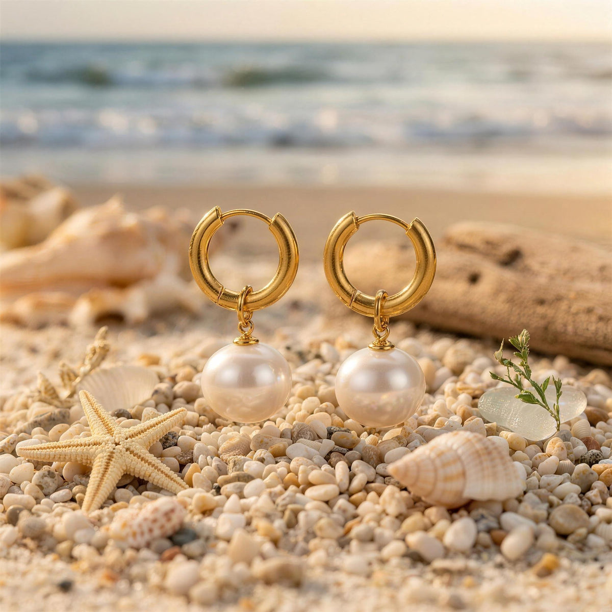 Large oval pearl drop hoop earrings with starfish and shells