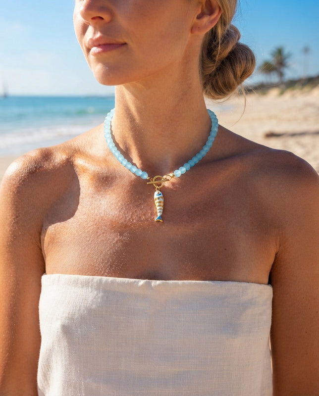 Light blue beaded koi fish necklace