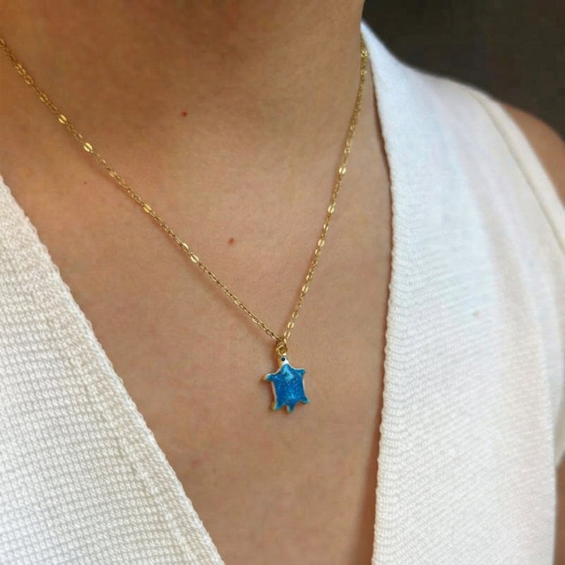 Blue and gold stainless steel turtle necklace