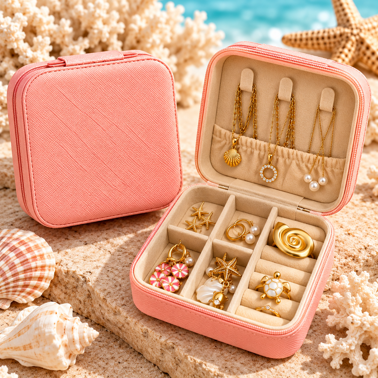 Coastal Travel Jewelry Organizer Case – Compact & Elegant – Coral & Cove