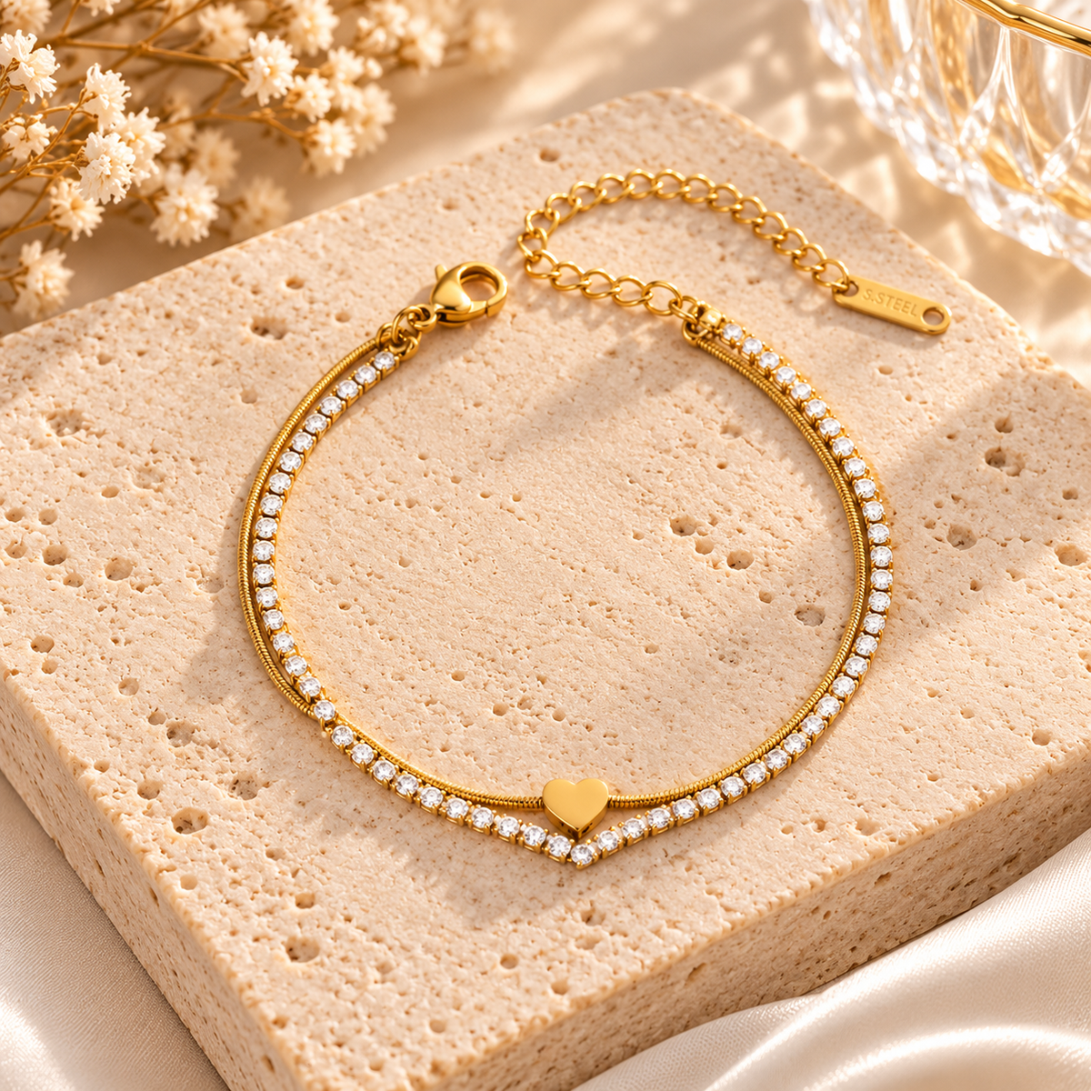 Sweetheart Sparkle Double Chain Bracelet – Gold