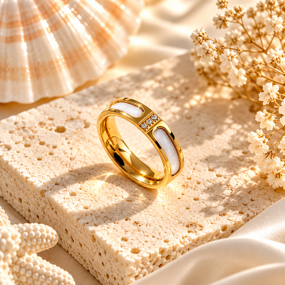 Luminous Shell & Sparkle Ring – Gold & Silver