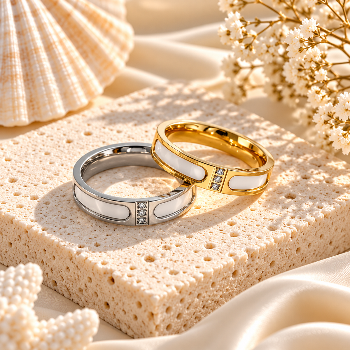 Luminous Shell & Sparkle Ring – Gold & Silver