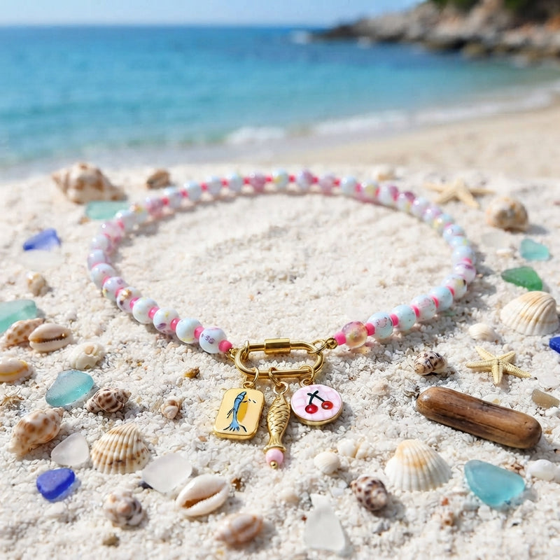 Multicolor marbled cherry and fish necklace