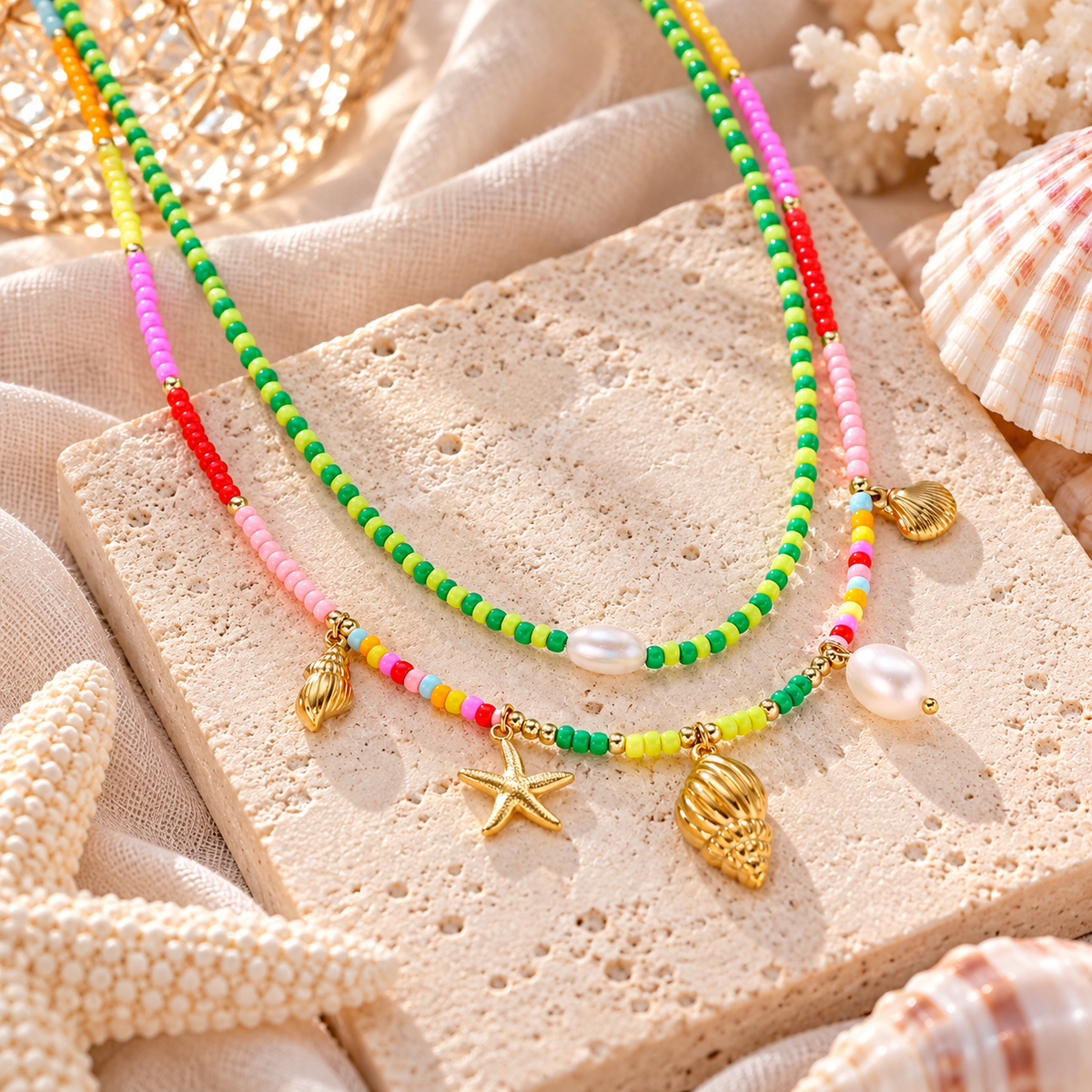 Colorful Seaside Layered Charm Necklace