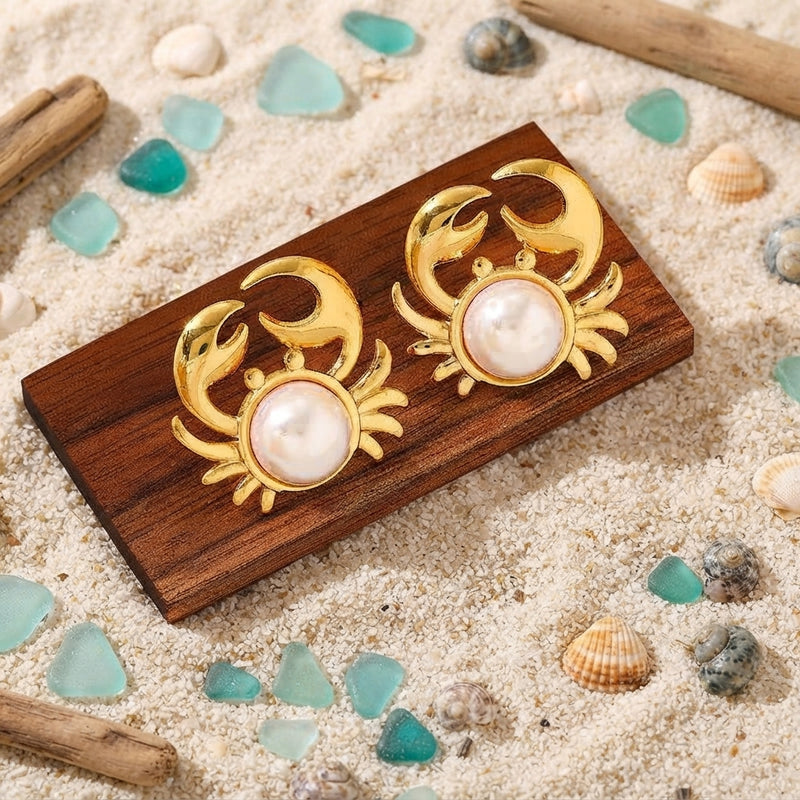 Gold and pearl crab stud earrings
