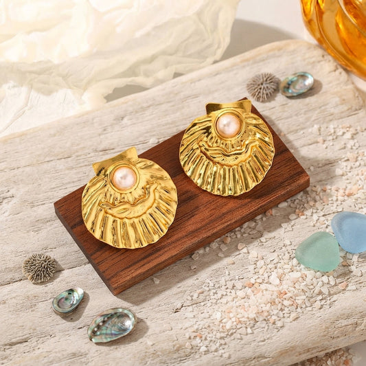Gold and pearl scallop shell stud earrings