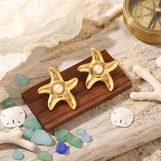 Gold and pearl starfish stud earrings
