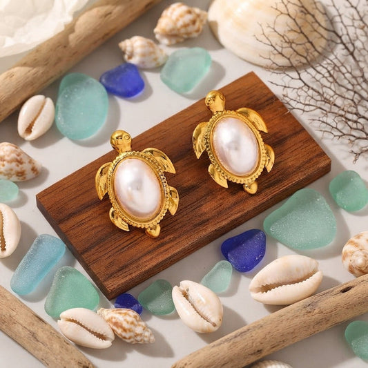 Gold and pearl turtle stud earrings