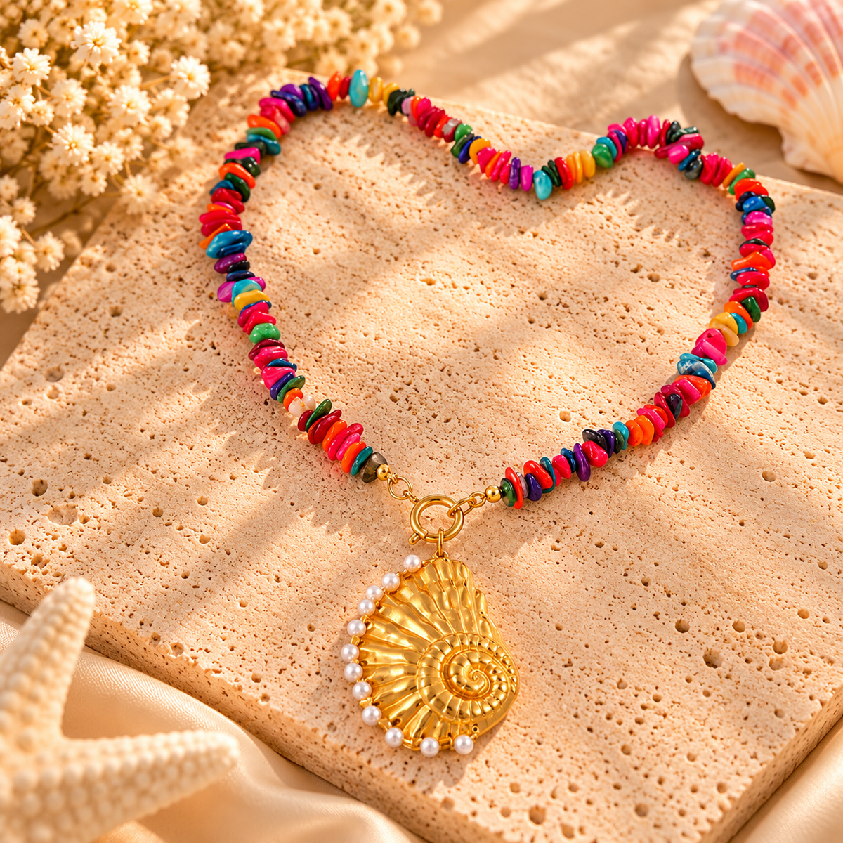 Turquoise Beaded Seashell Pendant Necklace