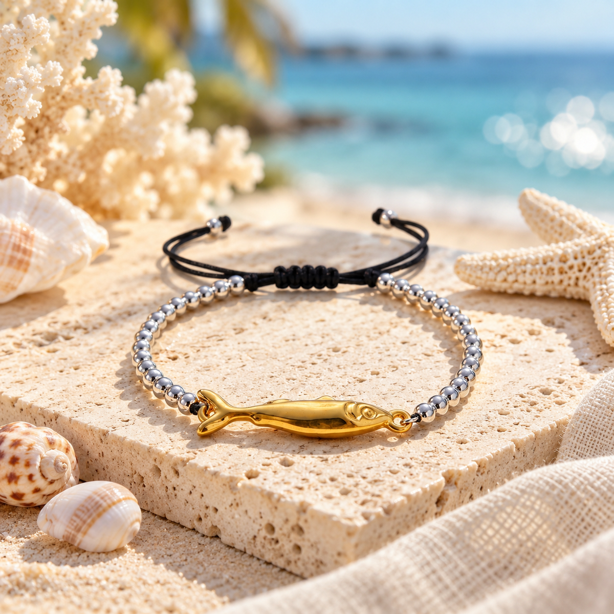 Fish Charm Beaded Bracelet – Black & Gold