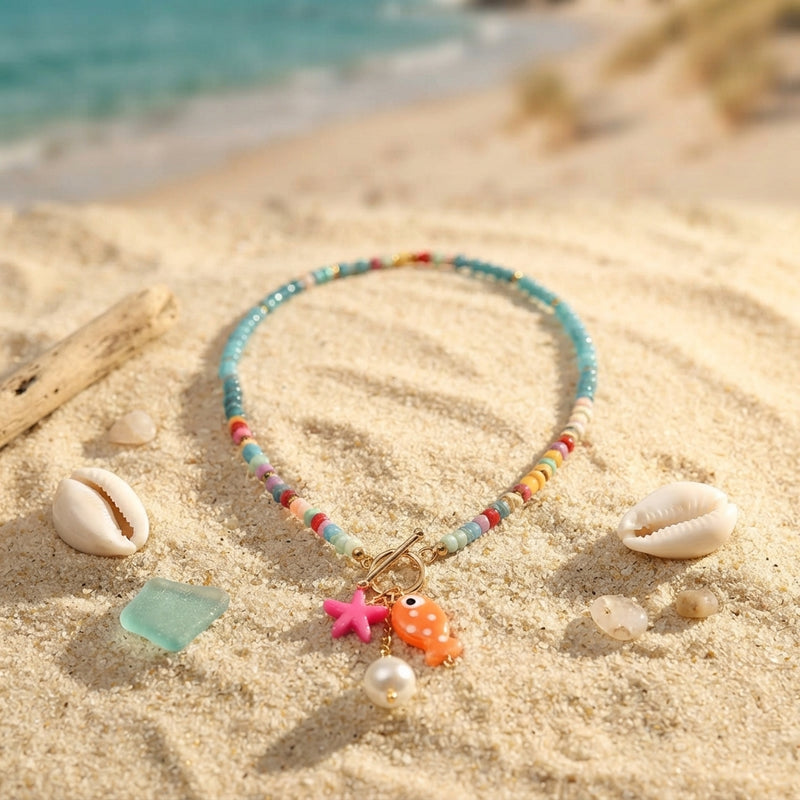Multicolor ceramic fish and pearl necklace