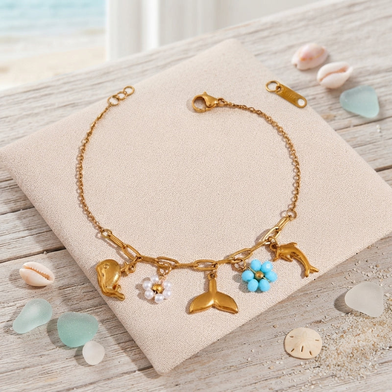 Gold whale ocean beach charm bracelet