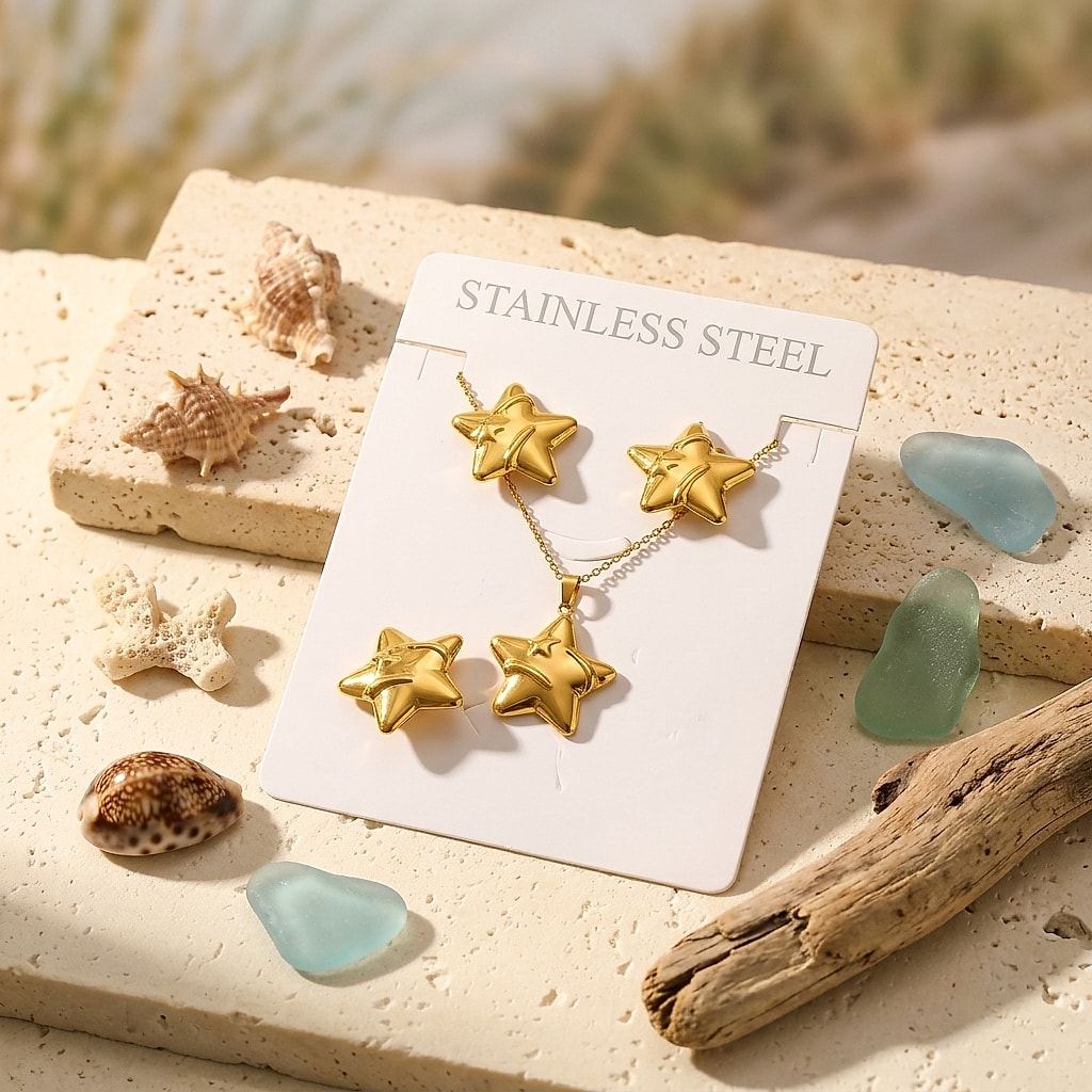 Wrapped gold star earrings, necklace and ring set on a card by the sea